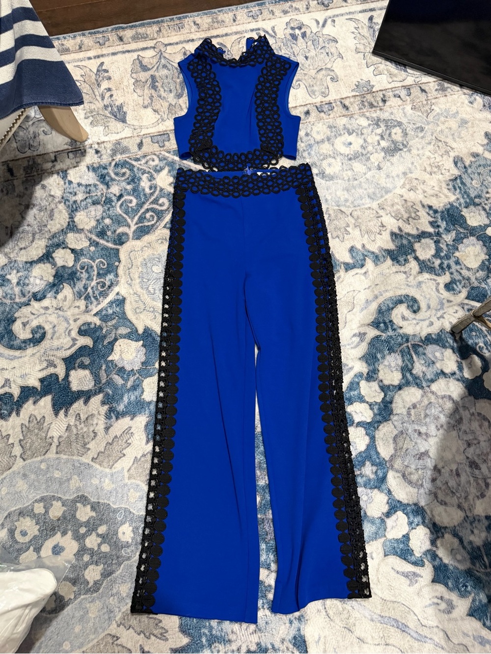 Blue Two-Piece Lace-Trim Jumpsuit Set